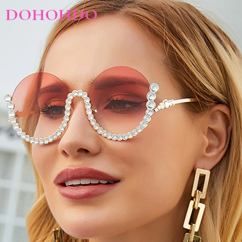 

Luxury Brand Metal Round Sunglasses Women Vintage Fashion Sun Glasses For Men Half Frame Diamond Punk Party Travel Shades UV400