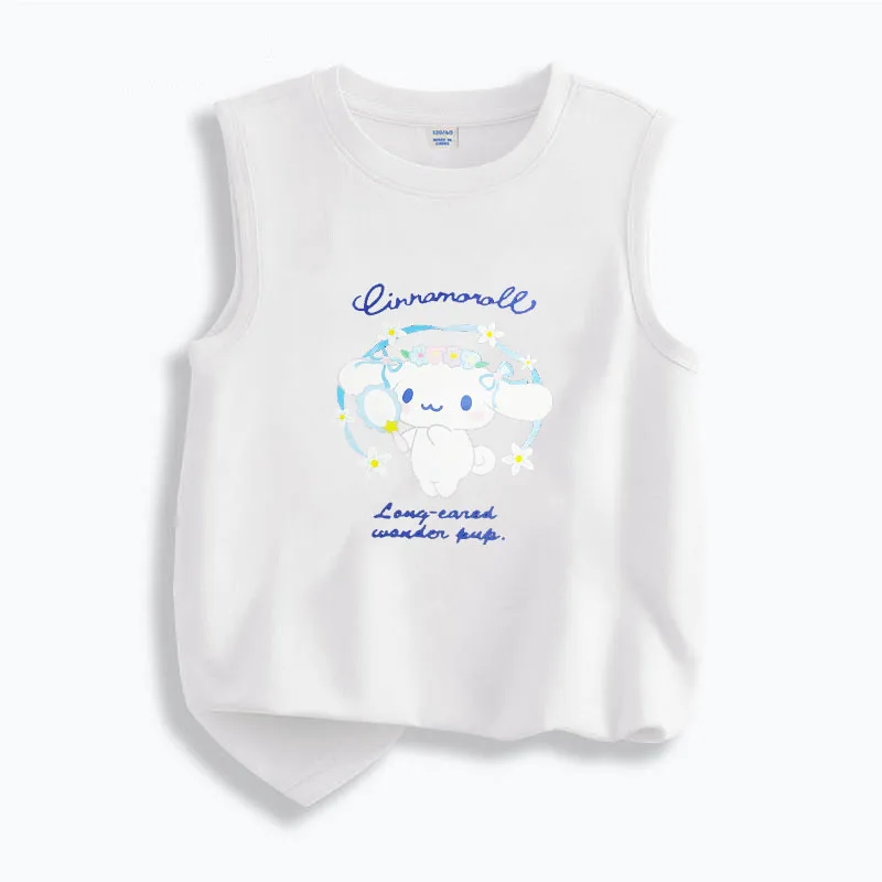 

2024New Sanrio Children Summertime T-Shirt Kawaii Cinnamoroll Kuromi My Melody Cute Cartoon Sleeveless Vest Kids Clothing Gift