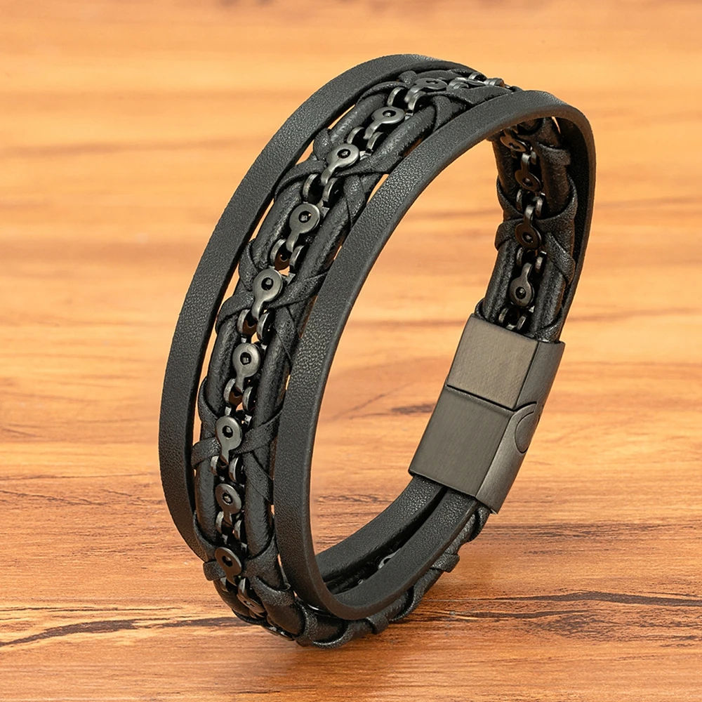 TYO Trendy Multilayer Leather Mens Bracelet Stainless Steel Magnetic Buckle Chain Bangles Jewelry Gift Wholesale Dropshipping