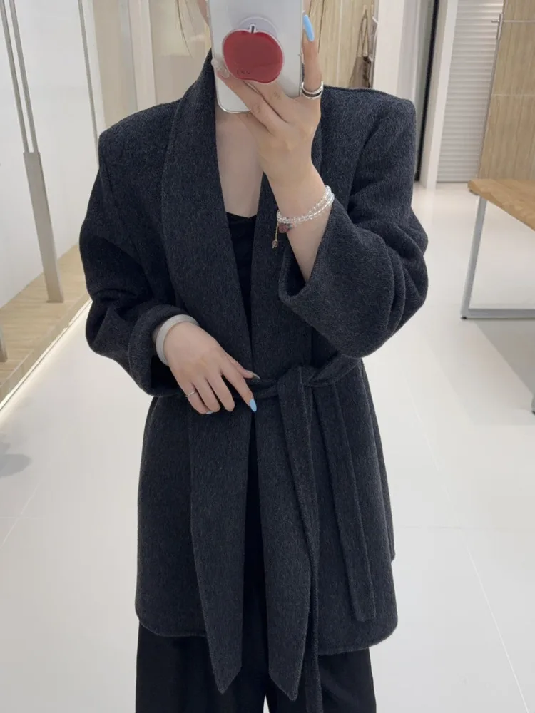 ZMEENNA グリーンショールカラーベルト付きコート女性のためのエレガントな長袖オープンフロントカーディガンジャケット冬に最適 ZM3588