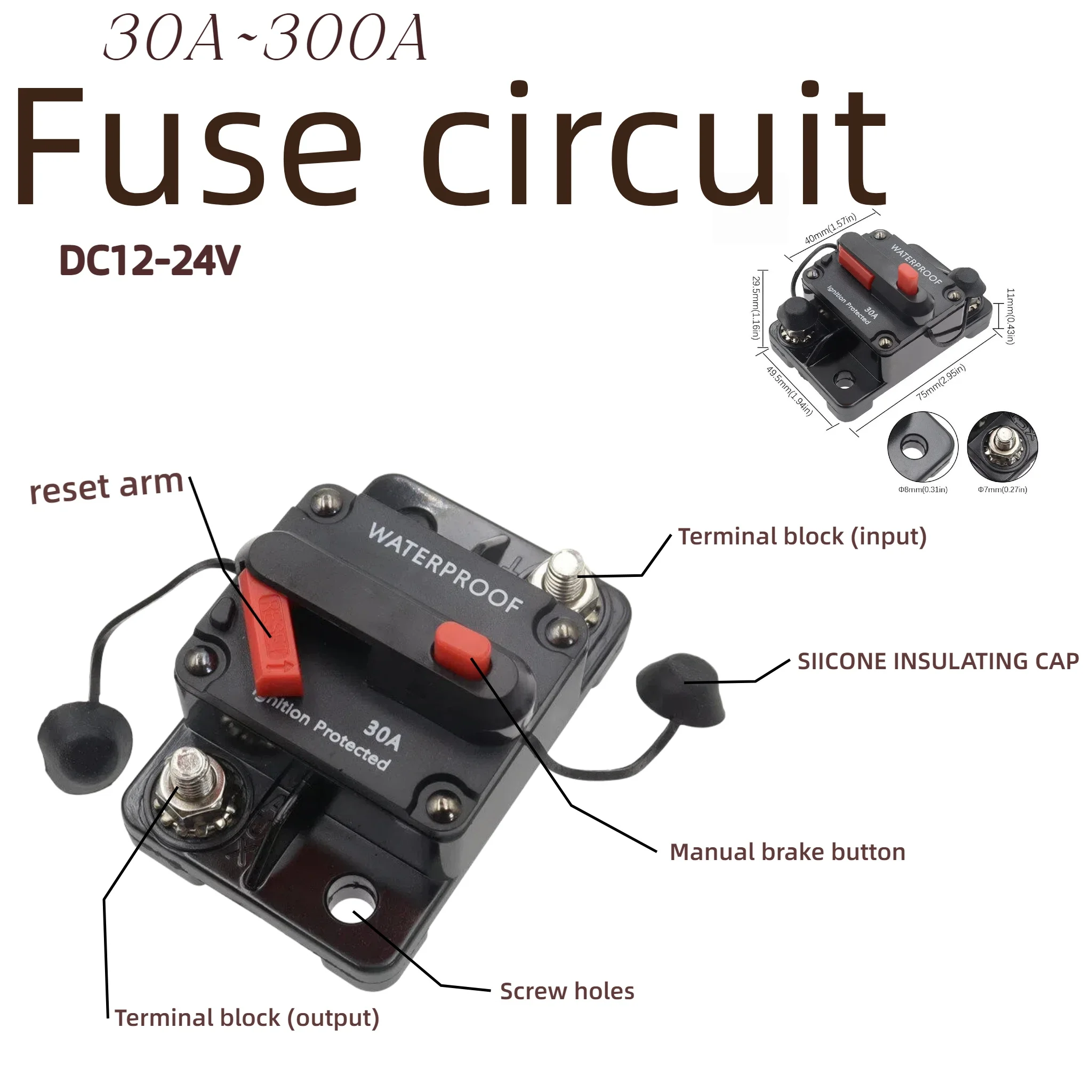 30‑300A DC12‑48V Waterproof Resettable Car Circuit Breaker Manual Reset Fuse Holder Switch for Auto Audio Boat Battery Overload