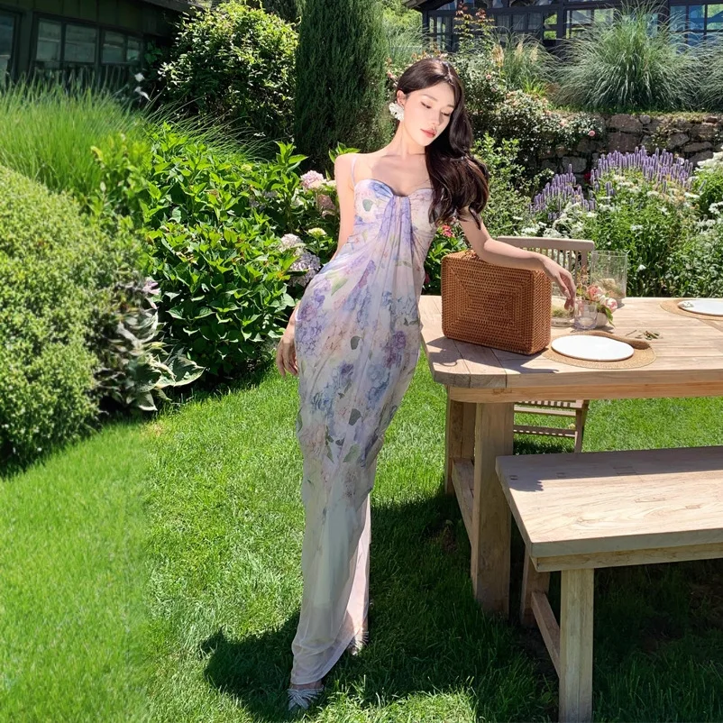 French Style Sling Dress Women's Summer Mesh Printed Elegant Thin Long Seaside Vacation Dress Figure Dress