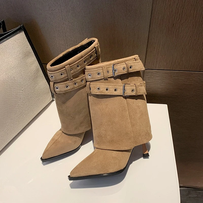 

Французские брючные ботинки на шпильке с острым носком, женские модные ботинки с нишевым дизайном и заклепками, ботильоны