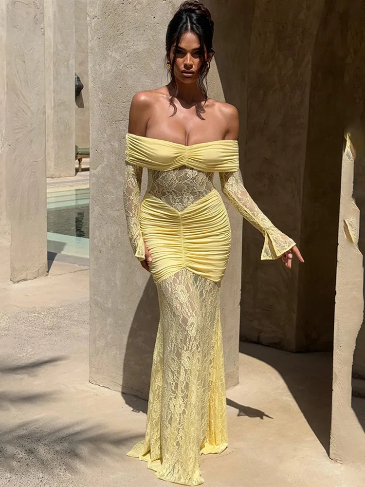 Absobe Robe longue en dentelle transparente pour femme, épaules dénudées, sexy, froncée, manches longues, dos nu, ligne a, Slim, tenue de fête