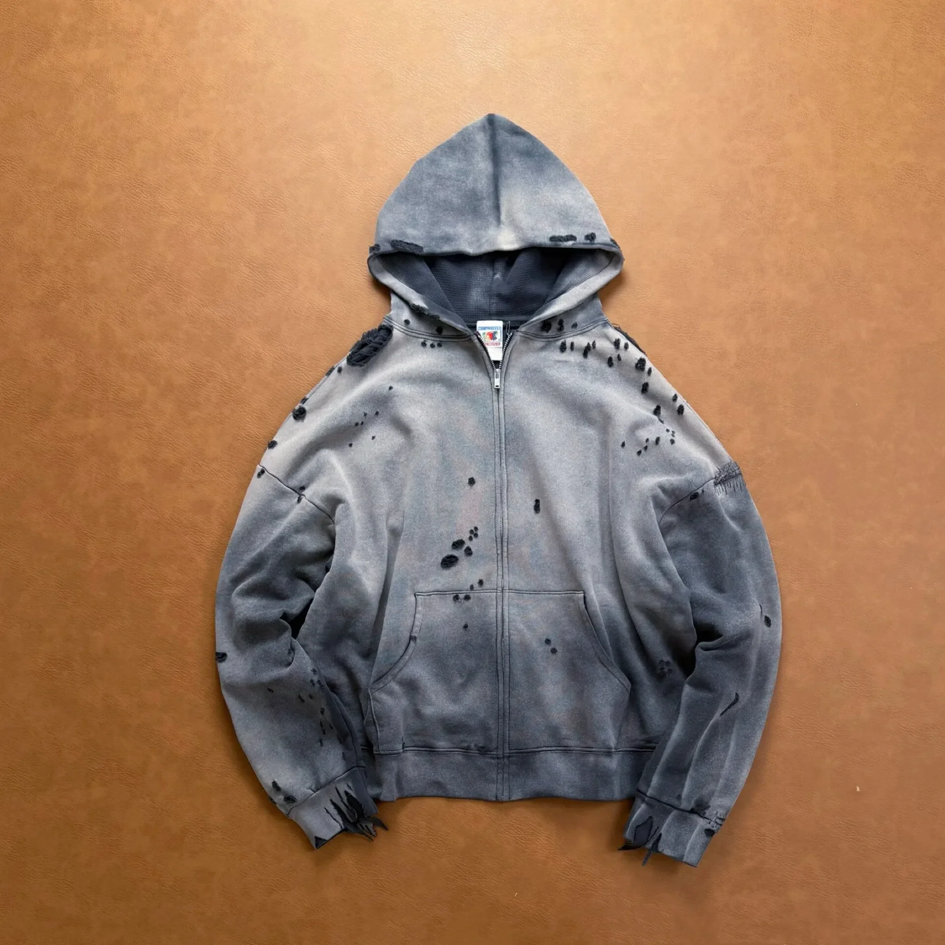 [Saint] heavy wash gradual change damage waffle lining, zipper hooded sweater hoodie