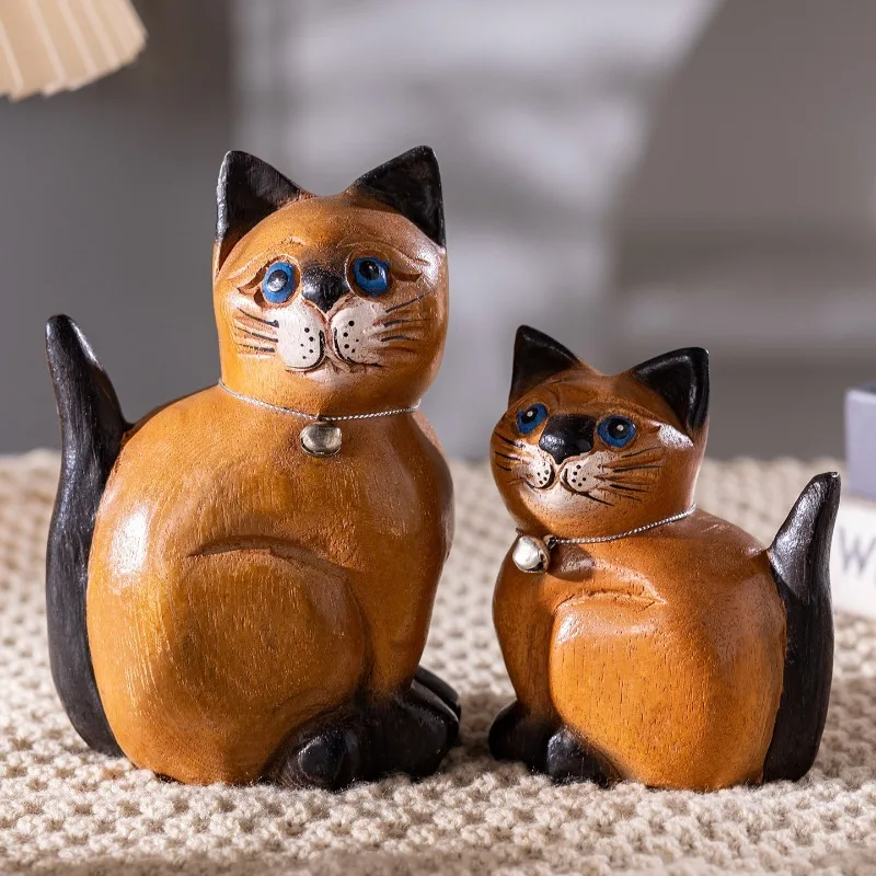 Thai Wooden Craft Kitten Figurine Ornament Home Decor Living Room Cabinet Office Desktop Cute Animal Statue Gift for Collectors