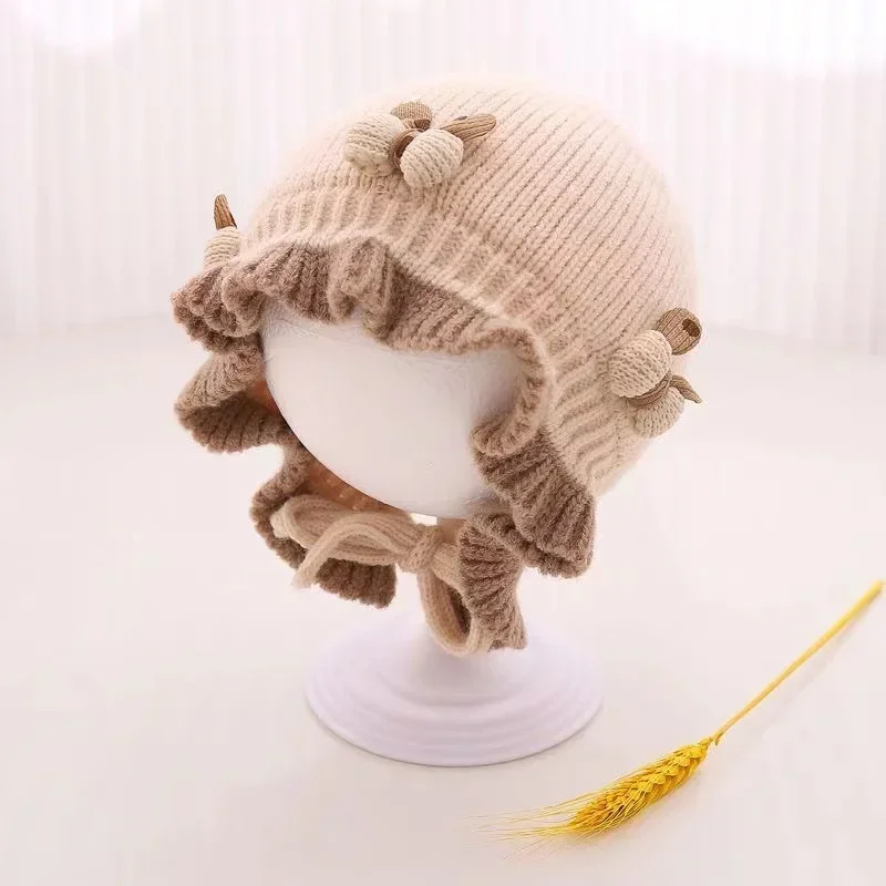 New Winter Outdoor Baby Girls Knitted Hat Lace Bowknot fisherman hat Baby Sun Hat Kids Sun Caps Toddler Sunscreen Cap