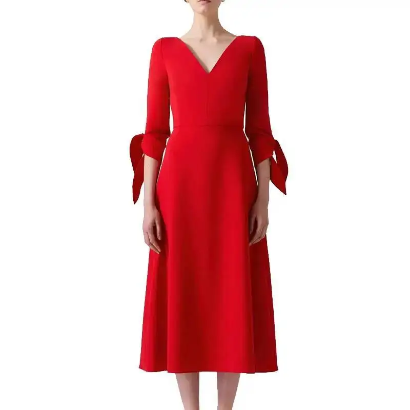 

Новое женское красное однотонное платье, модные плиссированные платья с v-образным вырезом и шнуровкой на рукавах