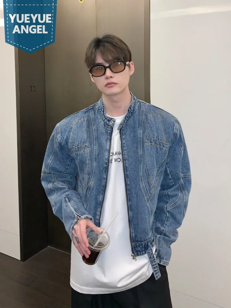 

Streetwear Autumn New Mens Stand Collar Patchwork Short Style Denim Jacket Zipper Moto Biker Cowboy Coat Shoulder Padded Jacket