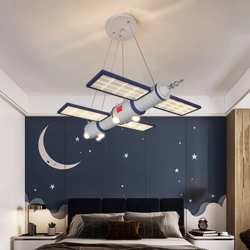 Space Satellite Astronaut Chandeliers LED Little Boy Bedroom Lamp Nordic Creative Space Station Model Children\'s Room Chandelier