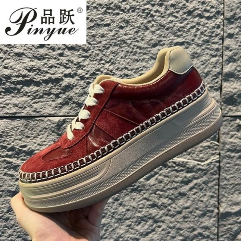 

Женские туфли на платформе из натуральной кожи, 4 см, весна-осень, ручная работа, с круглым носком, на шнуровке, на толстой подошве, повседневные, размеры 35-40