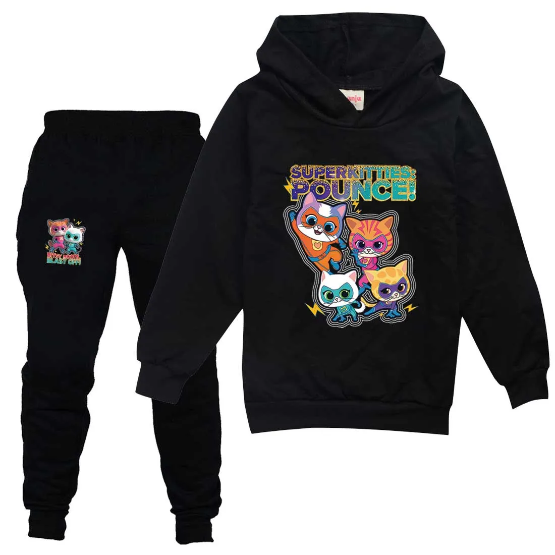 

Новинка 2023 года, толстовка с надписью Super kitties, детская длинная Спортивная кофта, свободные штаны, комплект из 2 предметов, повседневная одежда для мальчиков, спортивный костюм для маленьких девочек