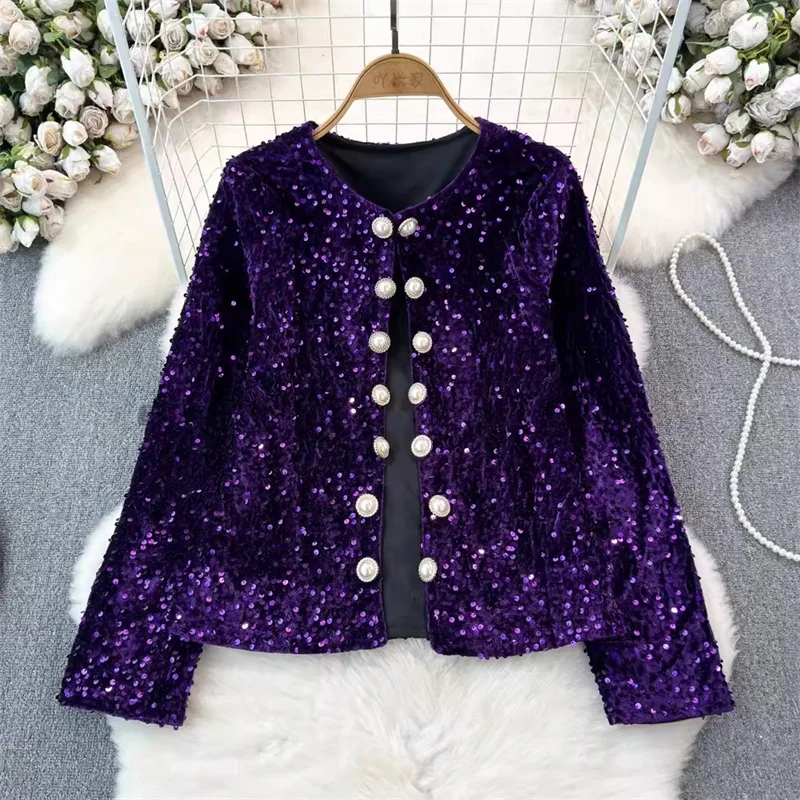 Spring New Fashion Sequins Short Cardigan Jacket Round Neck Double-row Button Decoration Long Sleeve Female Purple Cropped Coat