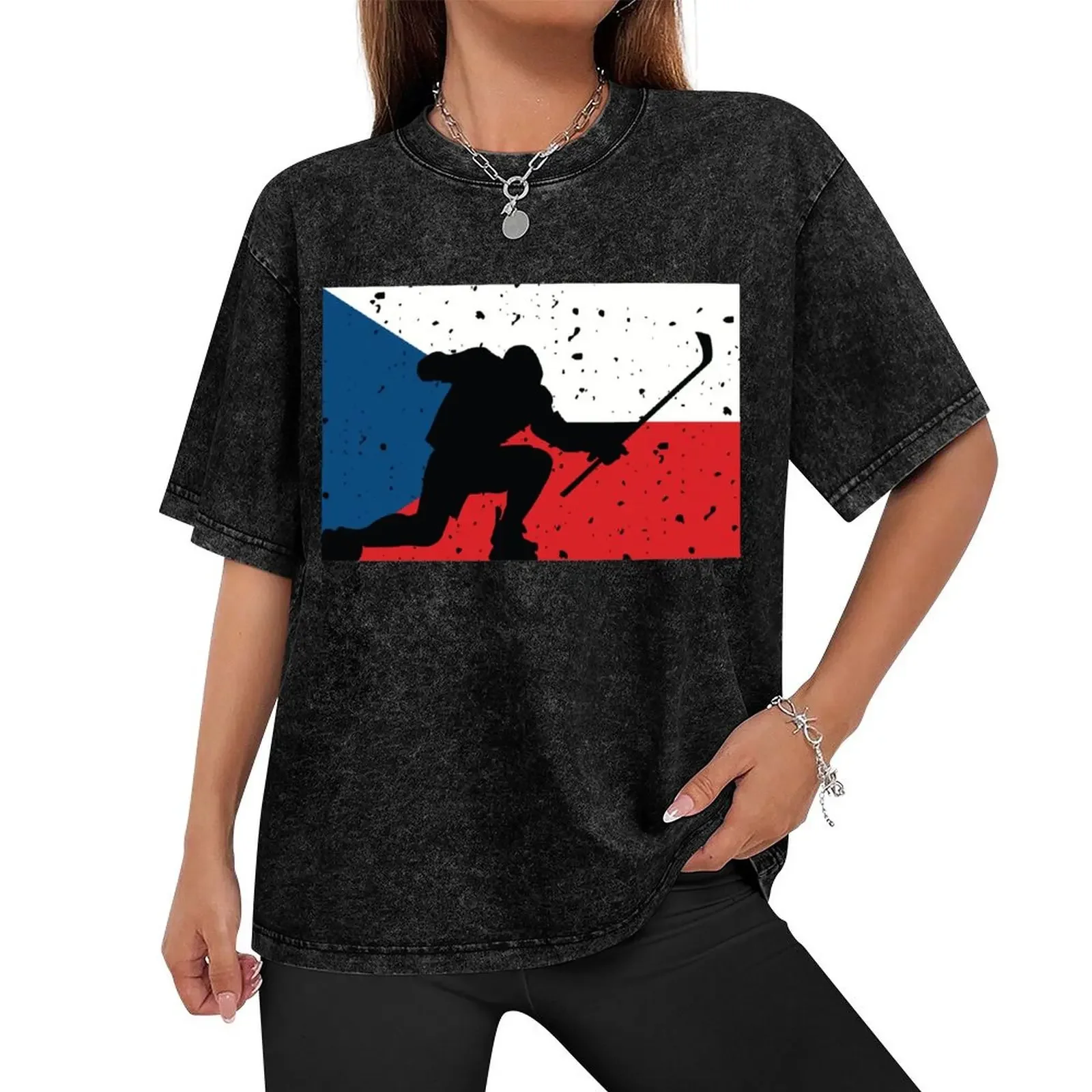 Czech Ice Hockey Silhouette Celebration Distressed T-Shirt Aesthetic clothing vintage heavyweights Men's t-shirts