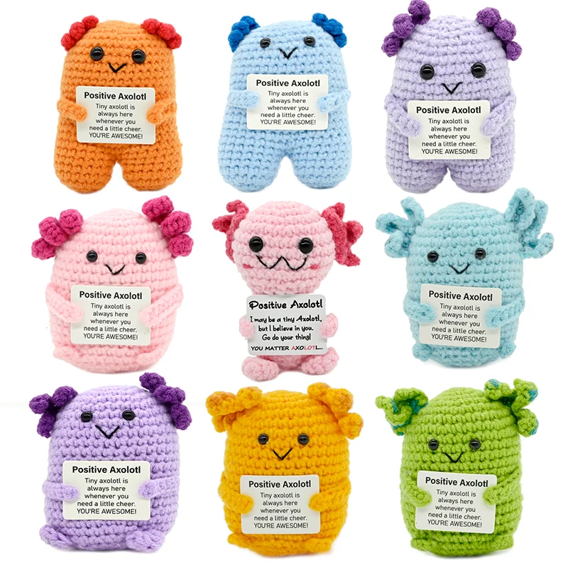 AnimalSeries Poupée Axolotl en Crochet Énergie Positive, Ornement Décoratif Tricoté à la Main avec Carte d'Encouragement, Mini Décoration de Bureau Cadeau