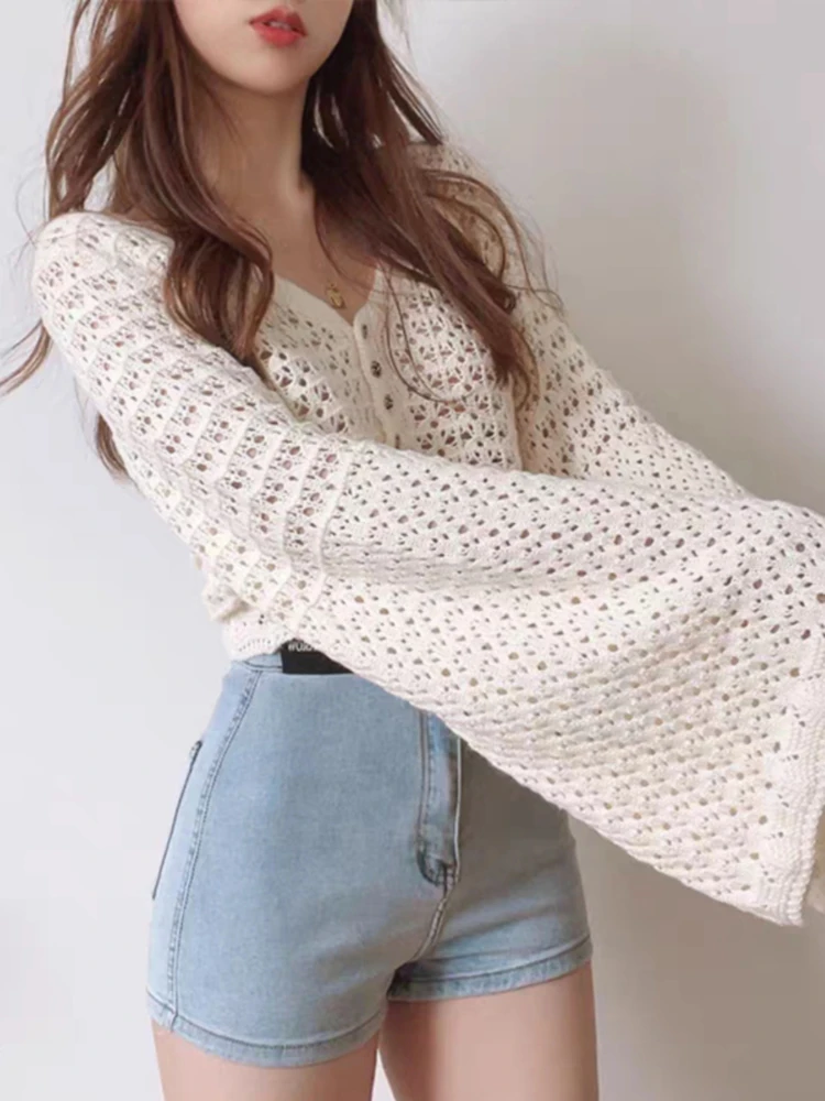 Single Breasted Knitted Thin Sweater Cardigan Women Flare Sleeve Sueter Mujer Summer Vintage Sweet Hollow Out Cropped Jackets