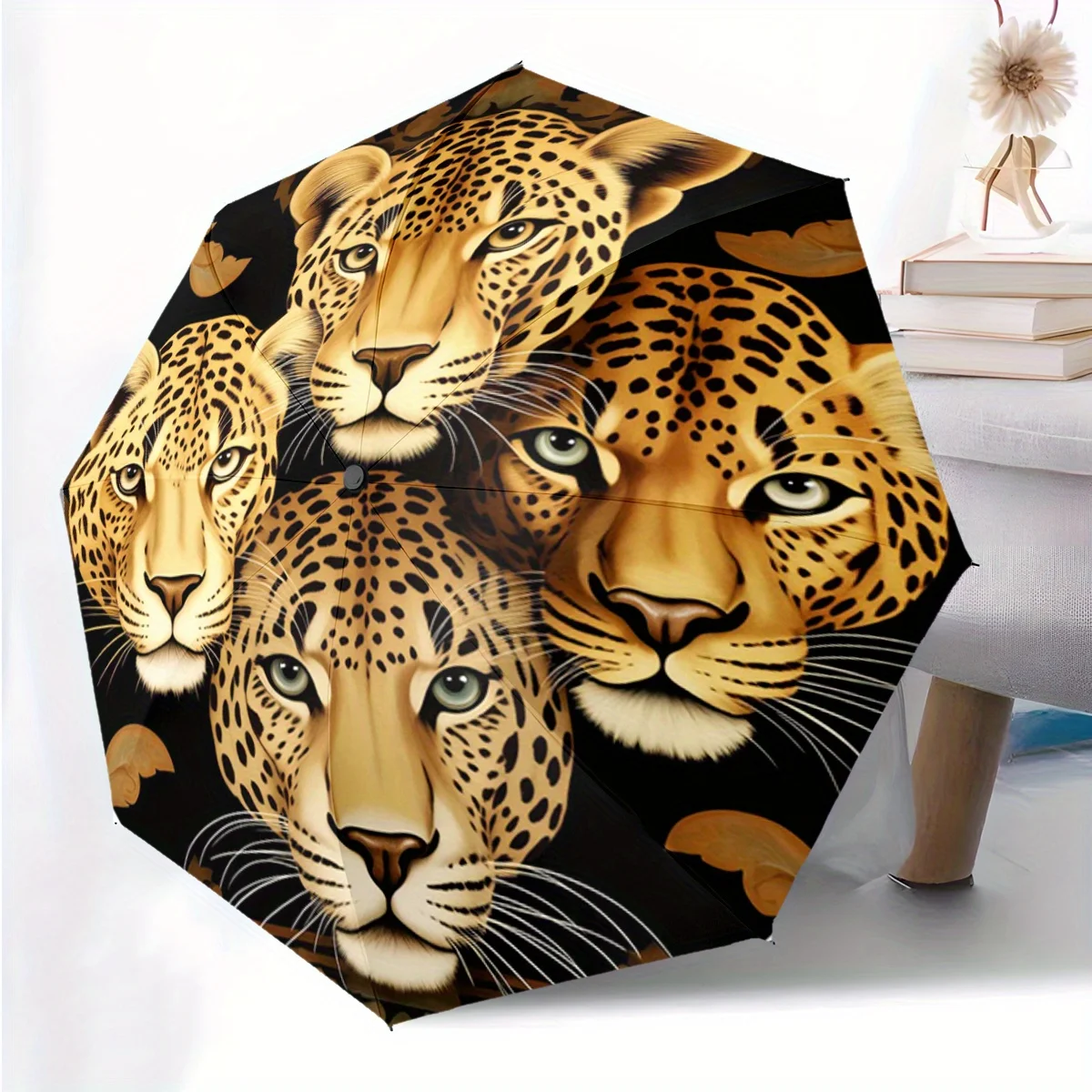 

Автоматический зонт с функцией открытия/закрытия, 1 шт., с золотистым узором в виде головы леопарда, черно-золотой, прочная конструкция с 8 спицами, компактный.