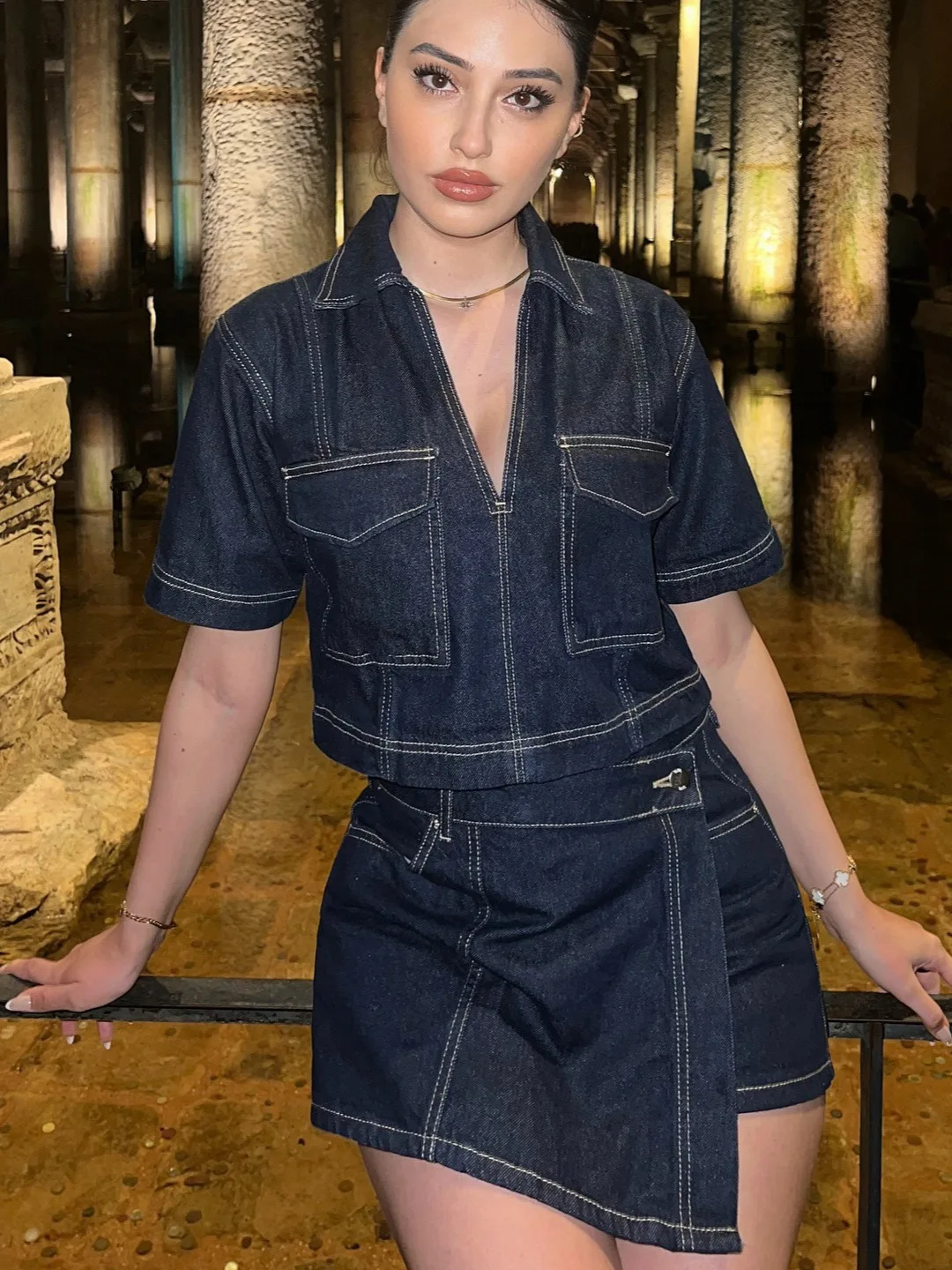 

Casual Denim Skirt Shorts Sets Women Lapel Pocket Short Sleeve Crop Shirt High Waist Skirts 2024 Summer Lady Vintage 2 Piece Set