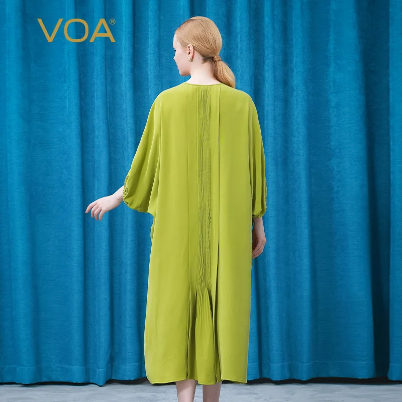 VOA Silk Pickled Pepper Green Casual Women's Dresses O-Neck Three Quarter Lantern Sleeve Oversized Woman Dress Spring 2022 AE898