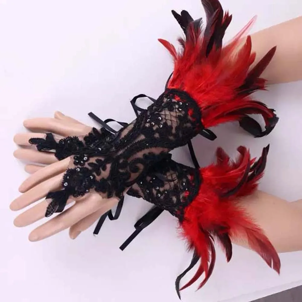 

Retro Halloween Feather Gloves Embroidery Wristband Sequins Feather Lace Gloves Gothic Cuffs Women Halloween Arm Sleeves