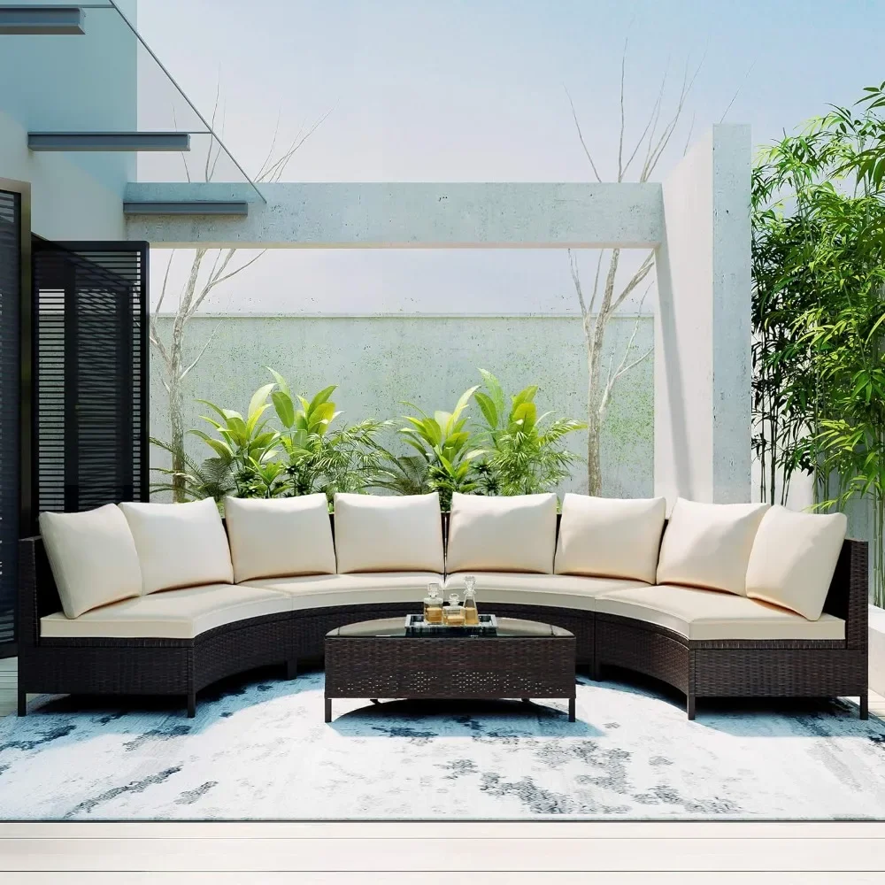 

8 Seating Outdoor Patio Furniture Sectional Sofa Set,All-Weather Half-Moon with Tempered Glass Table for Backyard Porch Poolside