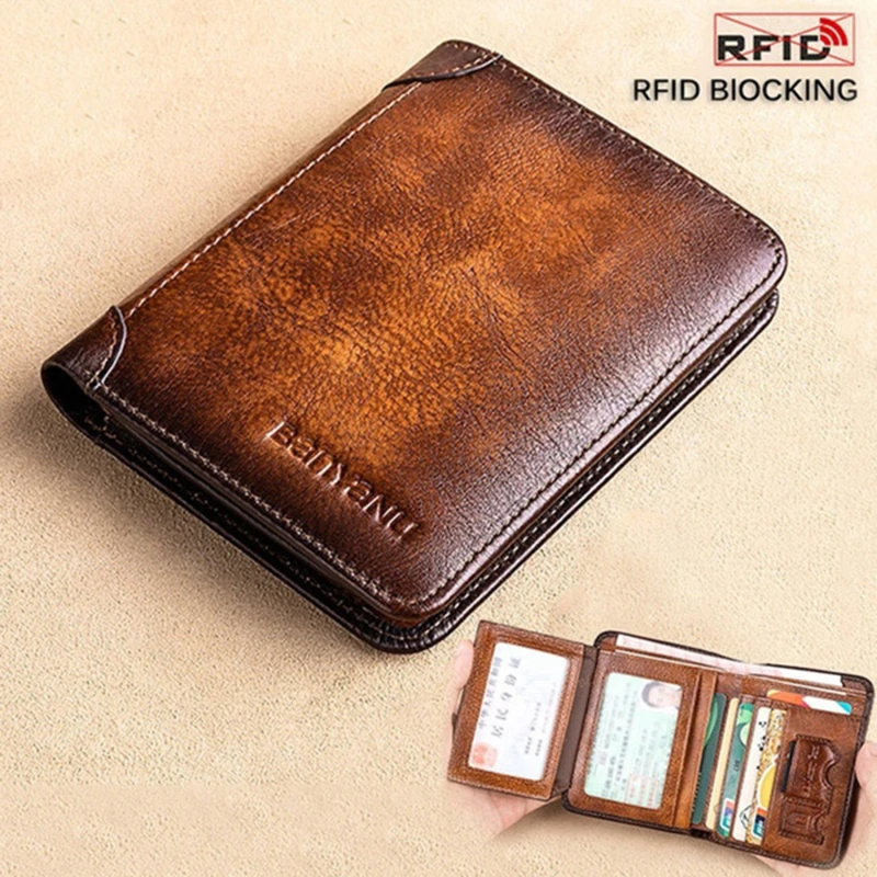 Men Wallet Genuine Leather Rfid Blocking Trifold Wallet Vintage Thin Short Multi Function ID Credit Card Holder Male Purse Money