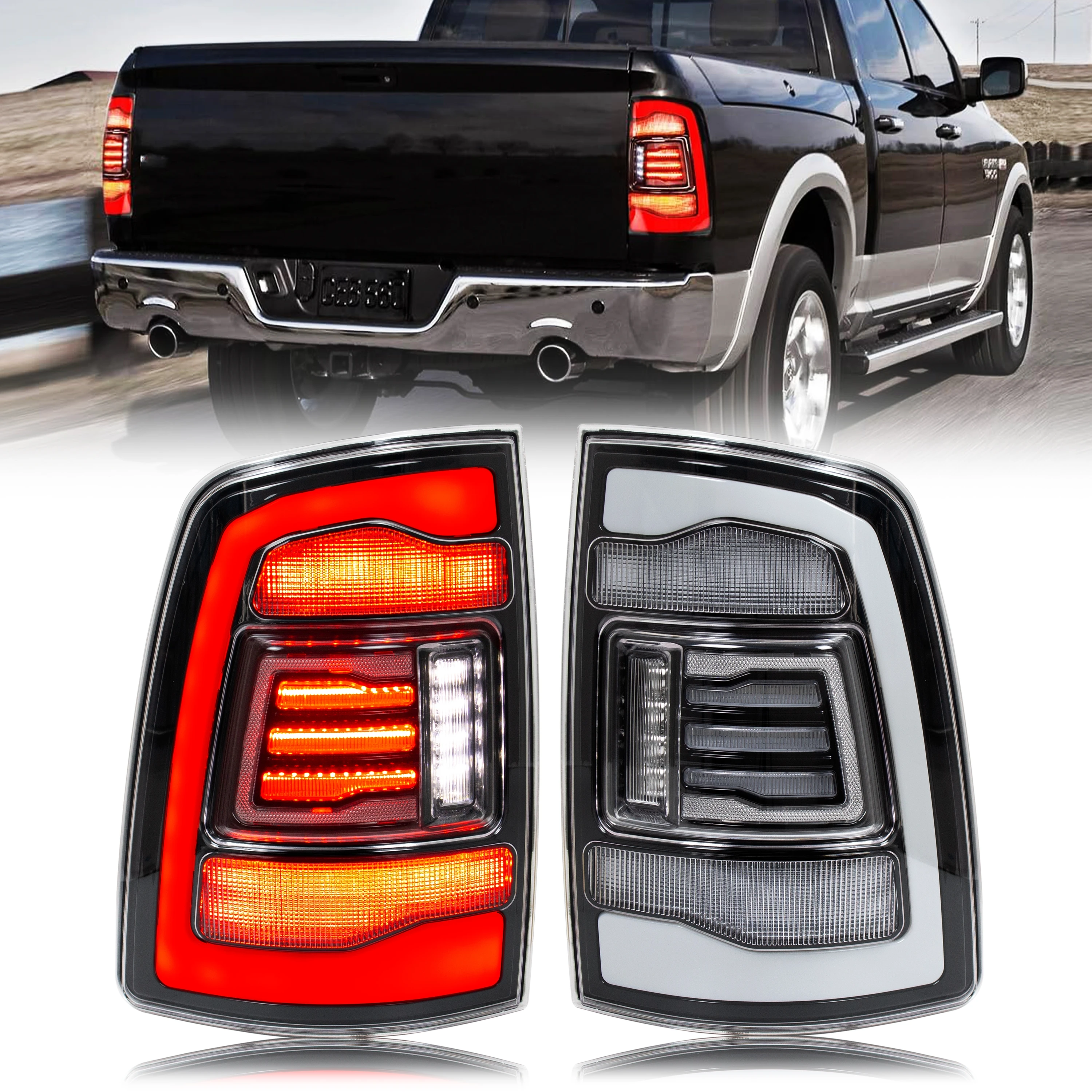 

LED Tail Lights for Dodge Ram 1500 2500 3500 4th Gen 2008-2018 Sequential Turn Signal Clear White Rear Lamps Assembly