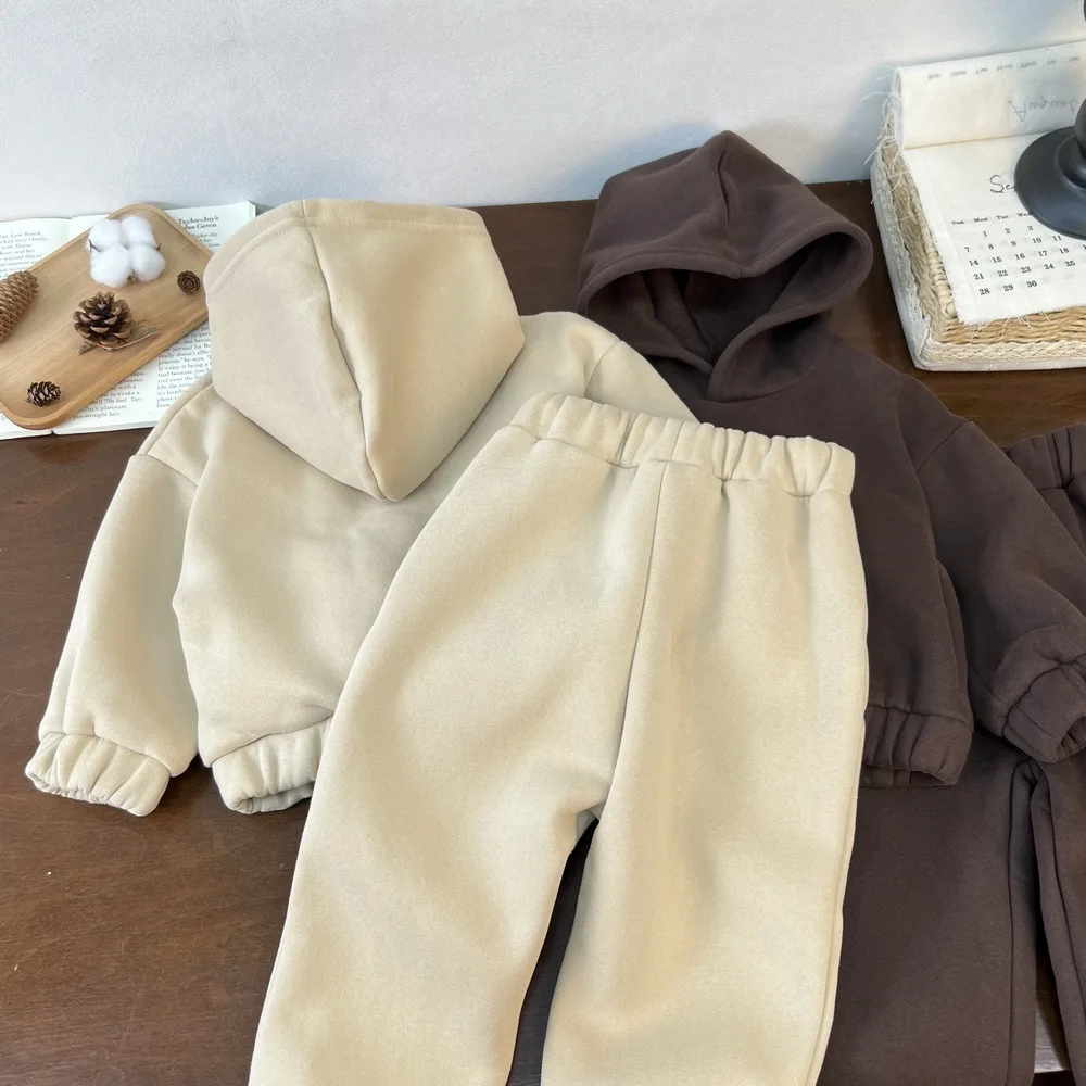 Autumn Winter Boys Girls Clothing Set Solid Color Double-Sided Velvet Thick Warm Hoodies+Pants 2Pcs For 1-8Y Kids Casual Suit