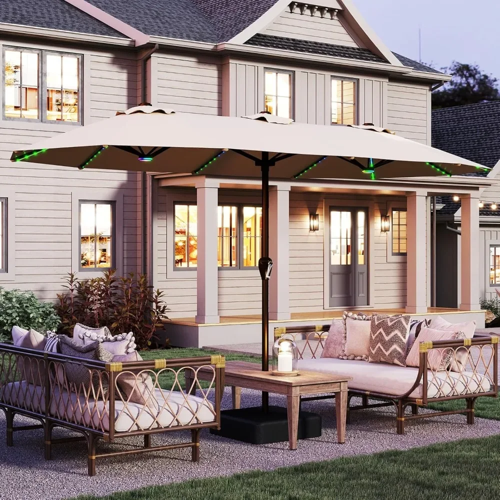 

Зонт для патио 15 футов с солнечными светильниками, уличный двусторонний зонт для стола с ручкой, большой прямоугольный зонт для рынка