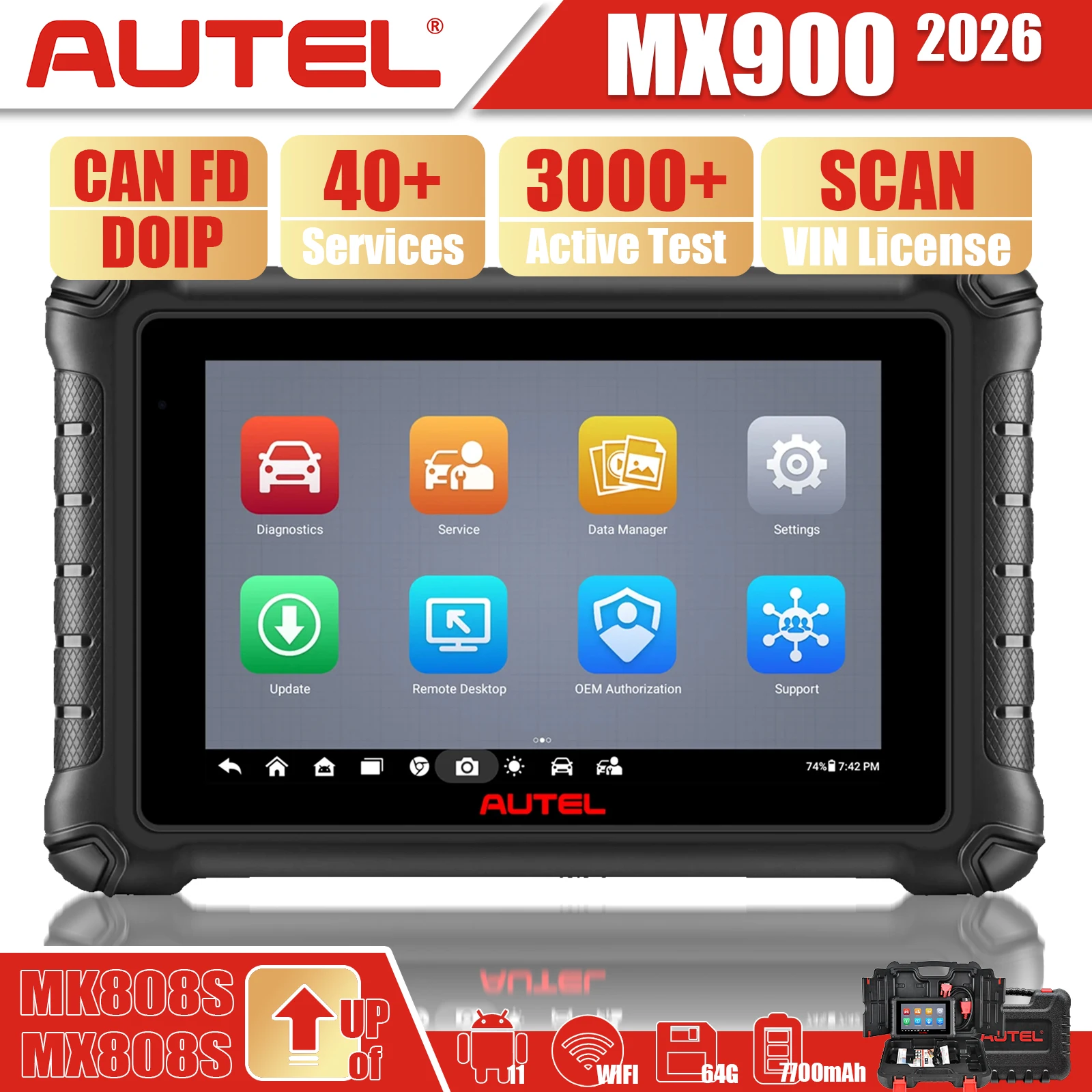 Autel MaxiCheck MX900 Automotive Scanner CAN FD DoIP Active Test Bidirectional Diagnostic Scan Tool Up of MK808S MX808S PK MK900