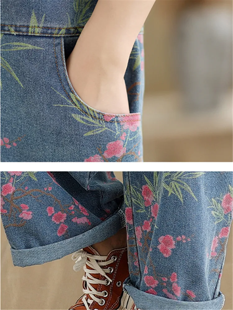 Spring Autumn Fashion Streetwear Print Denim Jumpsuit Women Casual Loose Wide Leg Pants Rompers Pockets Straps Jeans Overalls