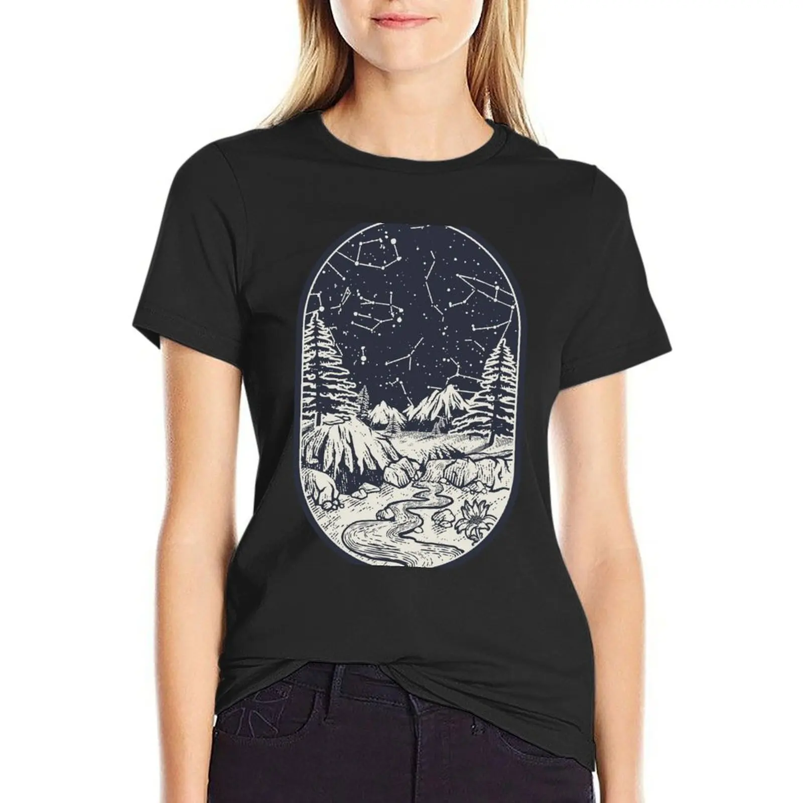 

Night Sky in the Valley T-Shirt Female clothing animal print shirt for girls summer top Women's cotton t-shirt