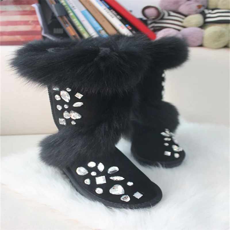 

Handmade custom autumn and winter women's rhinaute thick fur boots leather fox hair high boots drill snow boots fur one snow boo