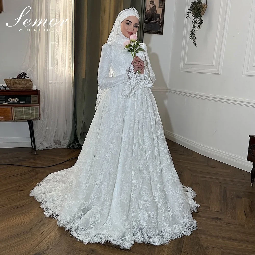Semor 2026 Muslimische Exquisite Spitzen-Brautkleider A-Linie Plissierte Brautkleider Elegante Langarm Maßgeschneiderte Vestidos Novias Boda