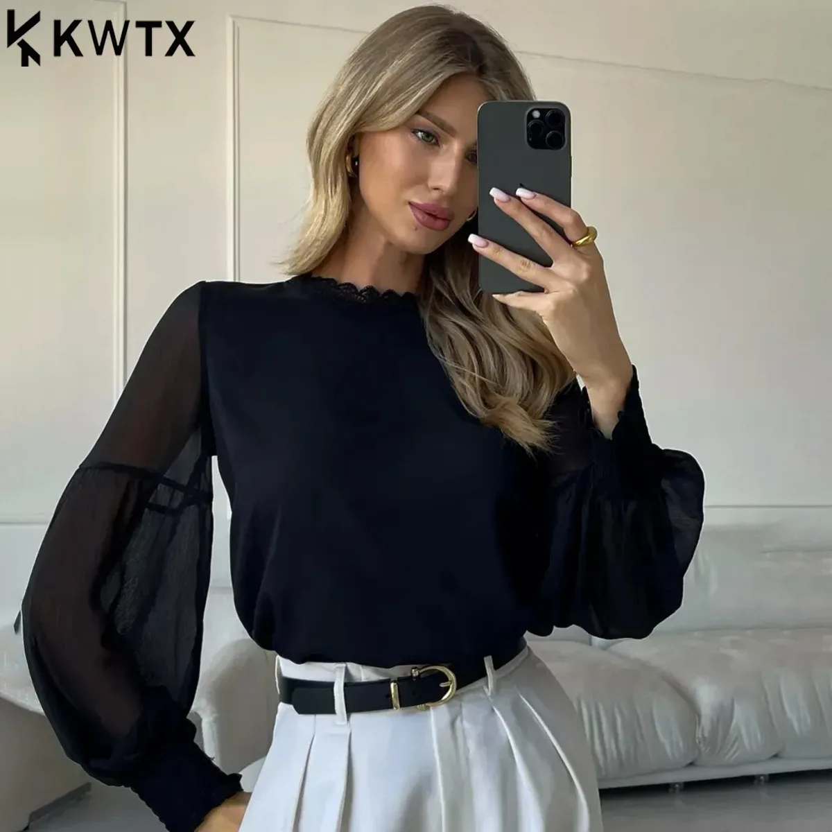 

KWTX 2026 Winter French Vintage Black Sheer Sleeves Blouse Women Mock Neck Oversized Casual Office Party New Arrival
