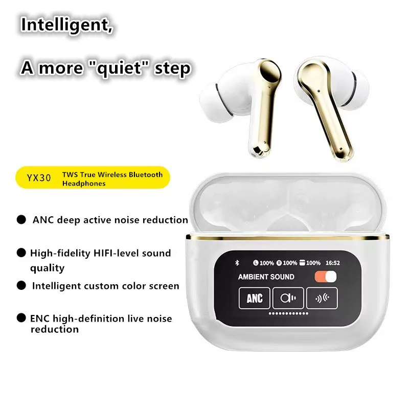 New YX30 TWS Wireless Bluetooth Earphones LCD Full Color Intelligent Display Touch Screen ANC Call Noise Reduction Headphones