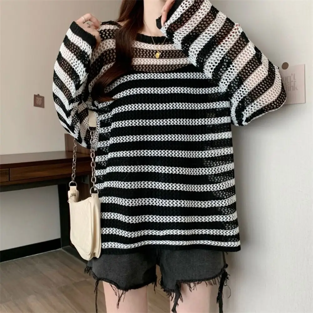 

Стильный повседневный вязаный полый пуловер с круглым вырезом, свободная футболка с длинными рукавами, пляжная одежда, вязаный крючком топ в полоску, женская уличная одежда