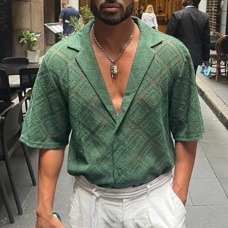 

Casual Hollow Out Breathable Men's Shirts 2025 Spring Lapel Neck Button T Shirt Man New Summer Short Sleeve Loose Streetwear Top