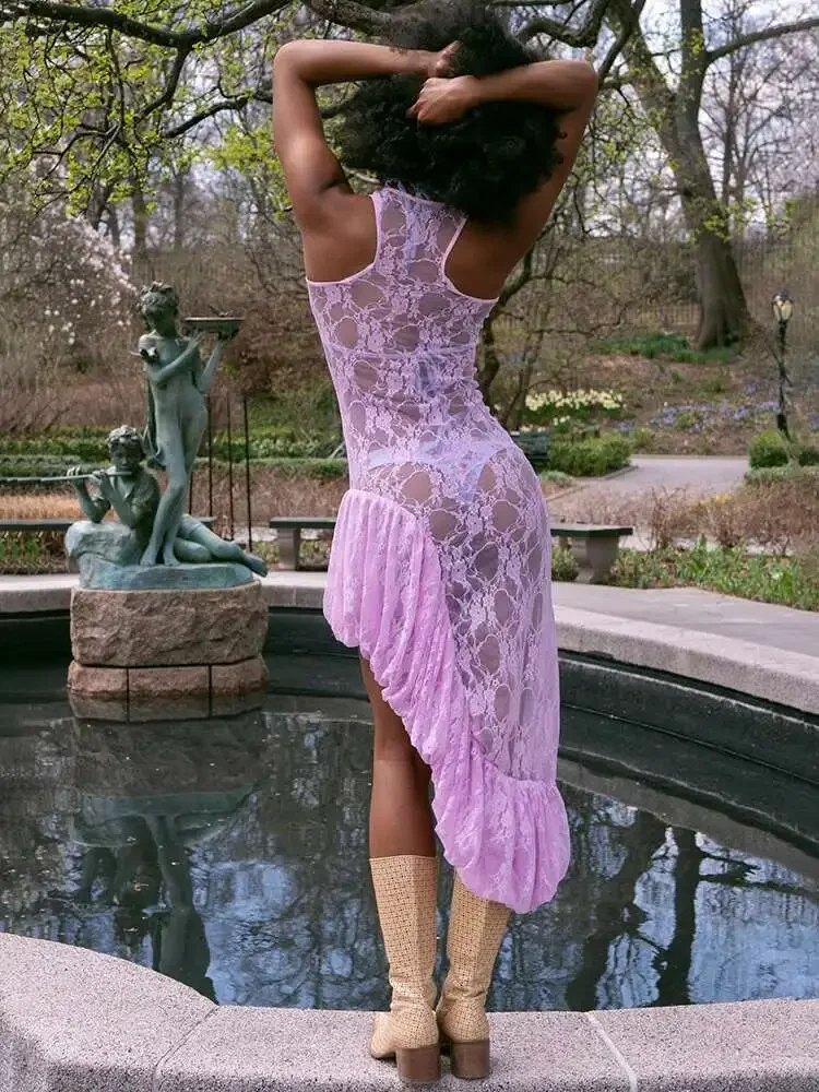 Nieuwe Kant Zien Door Ruffle Sexy Midi Jurk Vrouwen Jurk Zomer Mode Hoge Taille Slanke Dij Hoge Split Elegante Lange Jurk