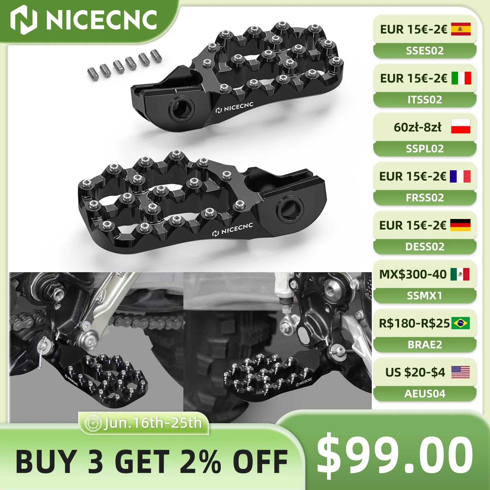 

NICECNC For KTM EXC 300 EXC-F 350 XCW Husqvarna TE 300 2017-2023 GasGas EC 300 2021-2023 Offset Foot Peg Footrests 10MM Lower
