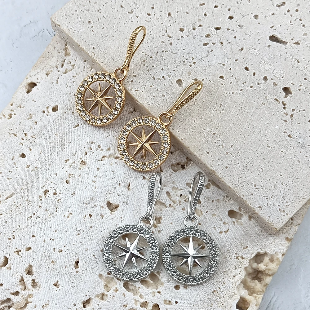 Vintage Compass Star Drop Earrings, Round Crystal Rhinestone Hook Dangle Earrings Gold Silver Jewelry for Women