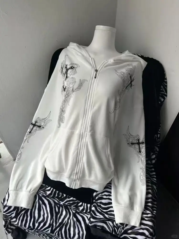 

Y2k винтажная модная толстовка с капюшоном и крестом, свободное пальто на молнии с длинными рукавами, женское пальто на молнии, весна-осень 2021, новые универсальные куртки