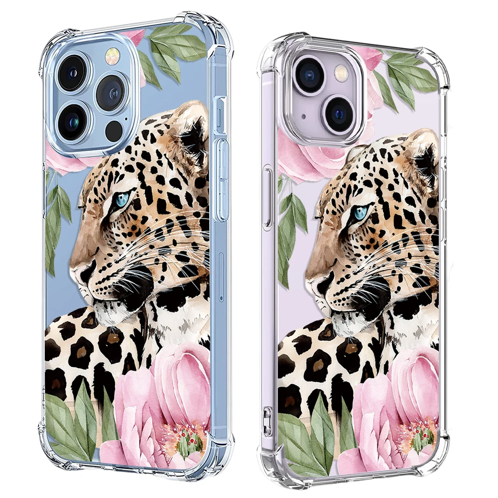 Odporne na wstrząsy etui na telefon iPhone 15 14 13 12 11 Pro X XS XR Max 7 8 Plus SE Mini kwiat Tiger Leopard miękka przezroczysta tylna obudowa TPU