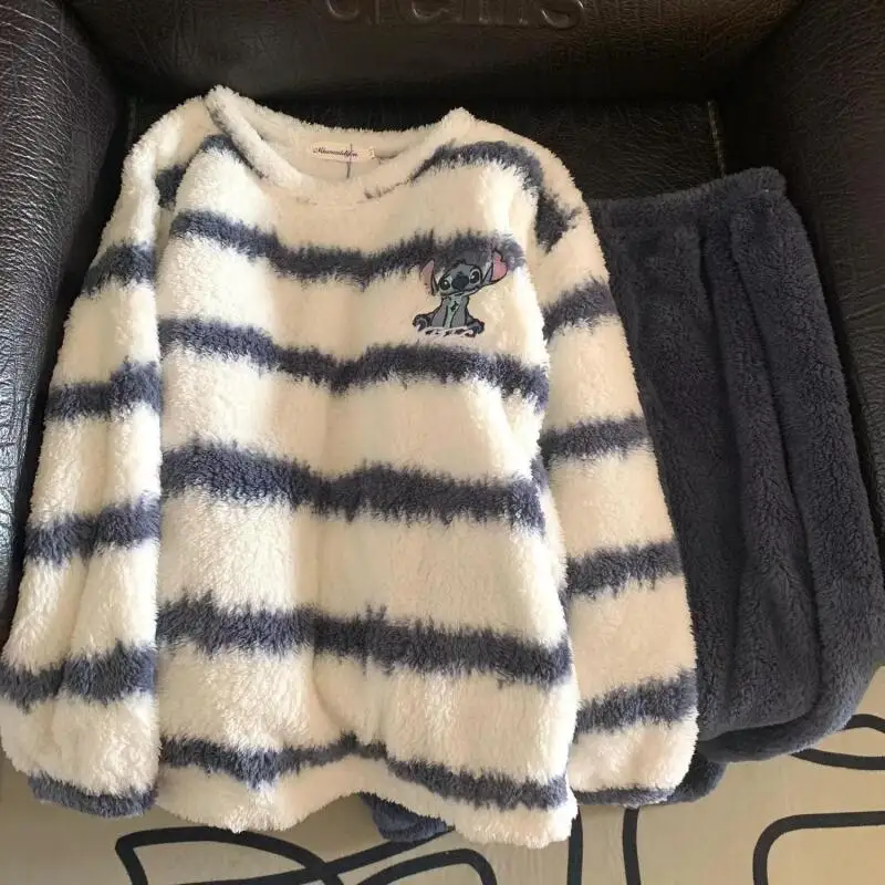 

Женский теплый пижамный комплект в полоску с длинными рукавами, осенне-зимний, новый, утолщенный, повседневный, уютный домашний костюм из двух предметов