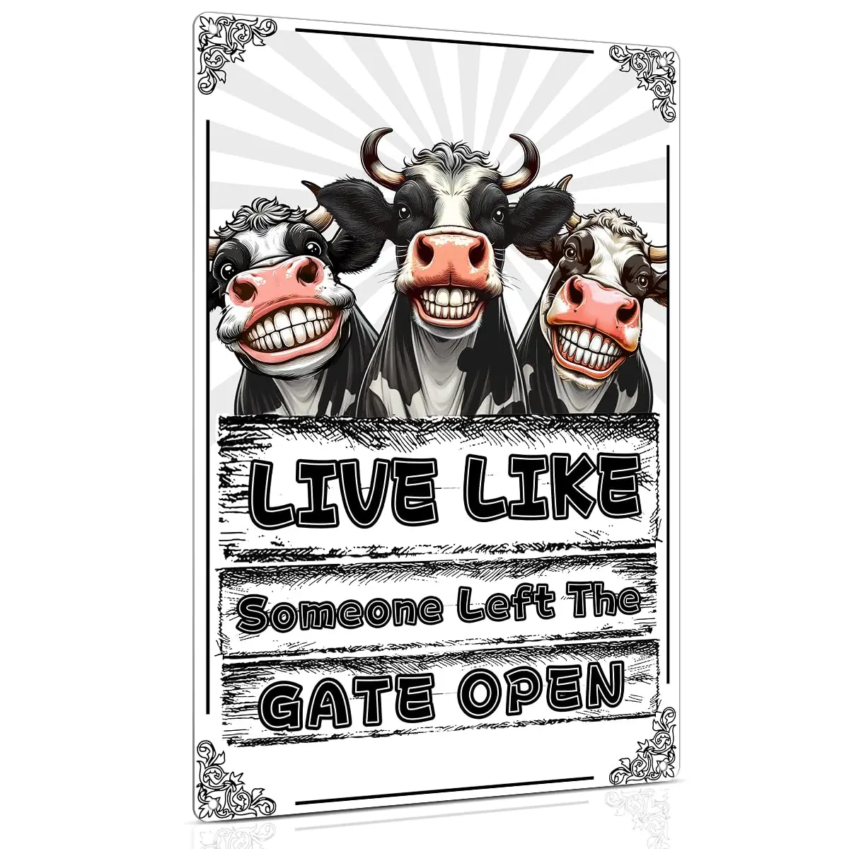 Cow Print Stuff Funny Metal Sign - Live Like Someone Left The Gate Open - Man Cave Bar Pub Club Wall Decoration 8x12 inches sign