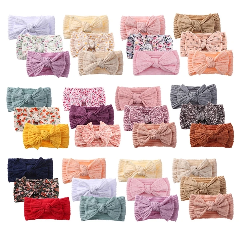 

L5YF 3pcs Elastic Stretchy Soft Wide Bowknot Headbands Hairband Bonknots Turban Headwraps Hair Bows Accessories for Kid