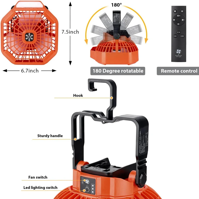 Per Black & Decker 18v Batteria Ventilatore portatile Ventilatore da campeggio remoto con 3 impostazioni di velocità ad alta efficienza energetica e luce LED dimmerabile