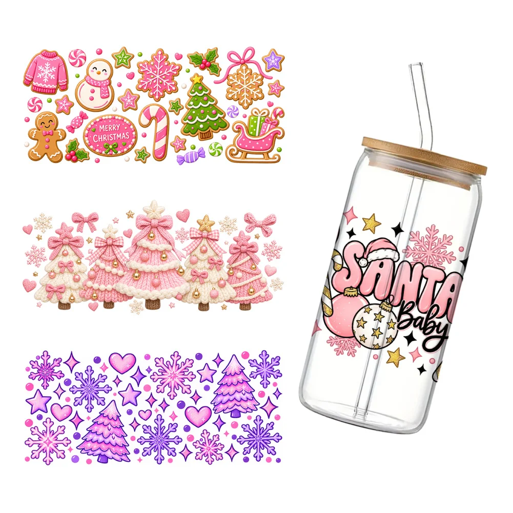 11x24cm Merry Christmas Elements UV DTF Wraps Sticker DIY For 16oz Glass Cup Waterproof Decals Phone Case Girls Sticker