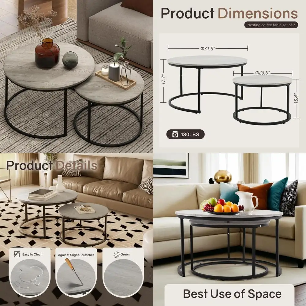 

Pair of 31.5 Round Nesting Coffee Tables with Wood Grain Surface and Adjustable Non-Slip Feet
