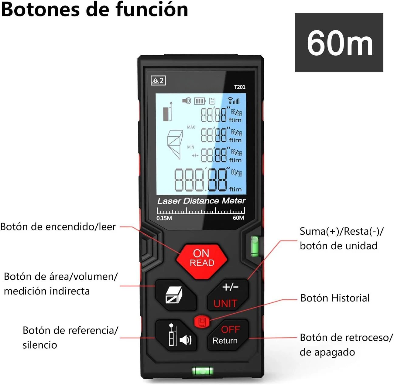 Telemetro Laser Medidor Funcion de Almacenamiento de Datos M / In / Ft, Alta Precision, ± 2mm, 60m